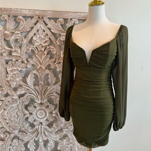 Olive Green Mesh Ruched Mini Dress – Flirty & Sophisticated